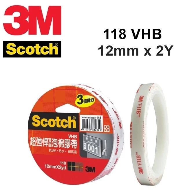 3M Scotch 118 Super Strong Adhesion Double Sided Tape 12/18/24mm x 2yd (Select)
